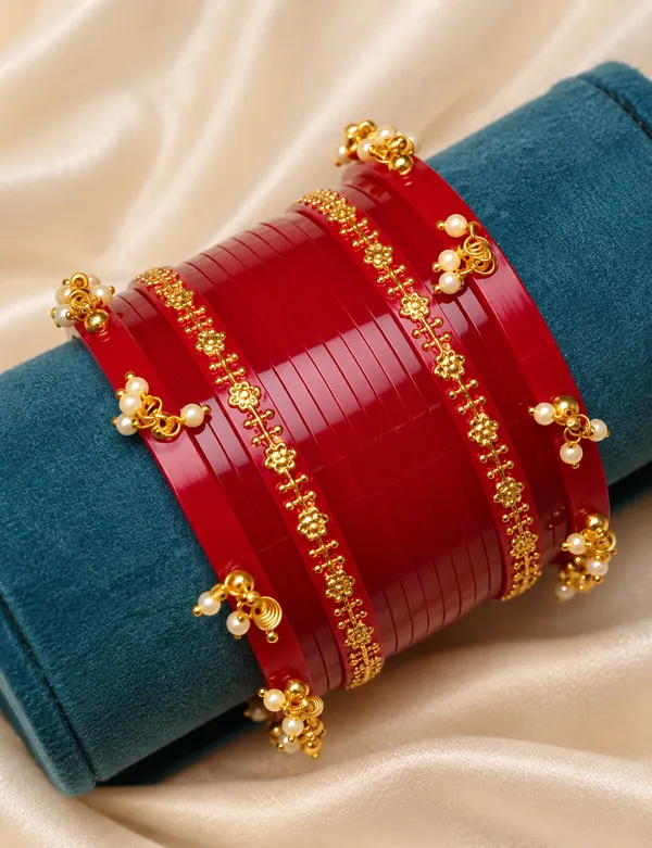 Maroon_Plastic_Pearl_Floral_Gold-Tone_Chura_Set_For_Women