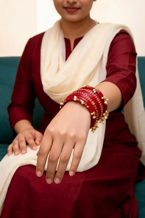 Maroon_Plastic_Pearl_Floral_Gold-Tone_Chura_Set_For_Women