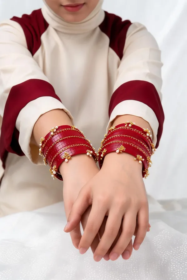 Maroon_Plastic_Pearl_Floral_Gold-Tone_Chura_Set_For_Women