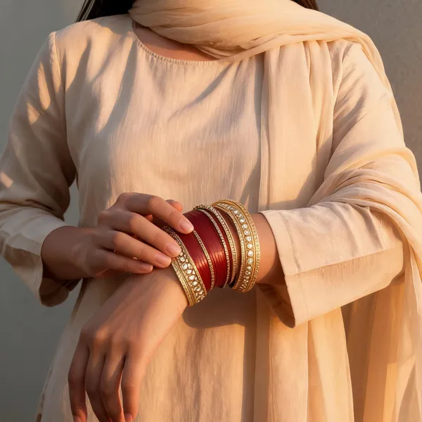 Maroon_Plastic_Gold-Tone_Teardrop_Embellished_Chura_Set_For_Women