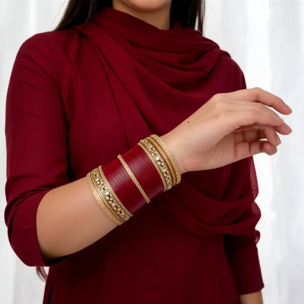 Maroon_Plastic_Gold-Tone_Teardrop_Embellished_Chura_Set_For_Women