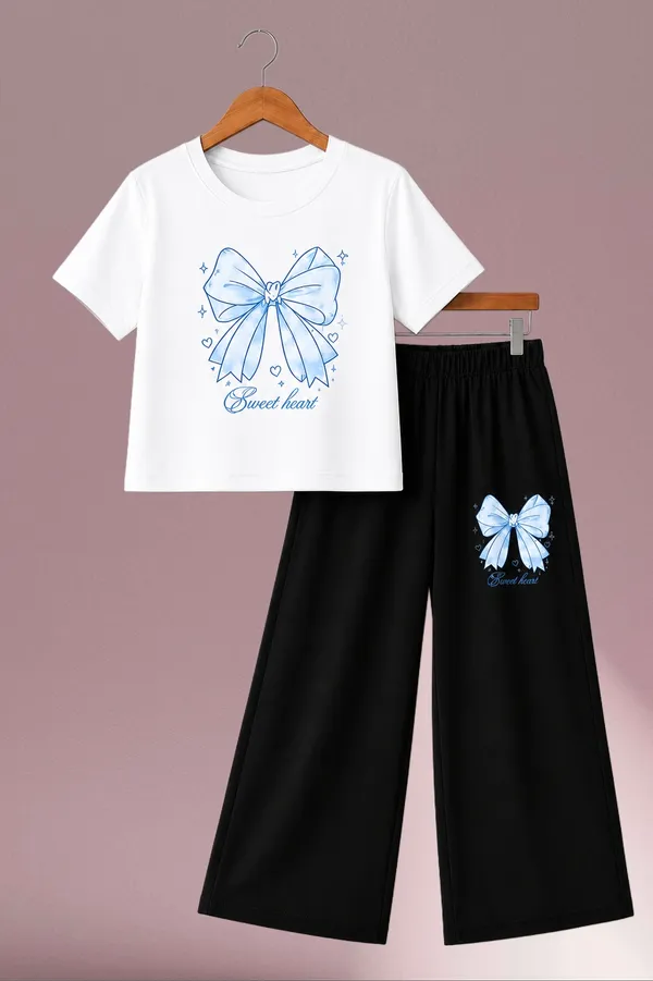 White_And_Black_Bow_Print_Top_And_Wide_Leg_Pants_Set_for_Girls