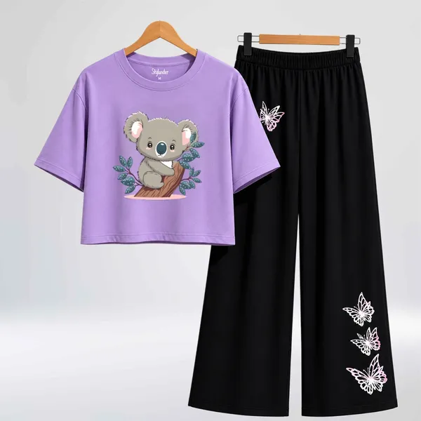 Purple_Koala_Print_Crop_Top_And_Black_Pants_Set_For_Girls