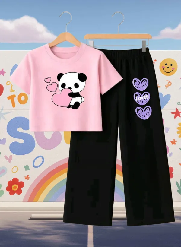 Lavender_Graphic_T-Shirt_And_Black_Pants_Set_For_Girls