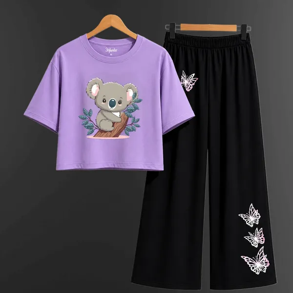 Purple_Koala_Print_Crop_Top_And_Black_Pants_Set_For_Girls