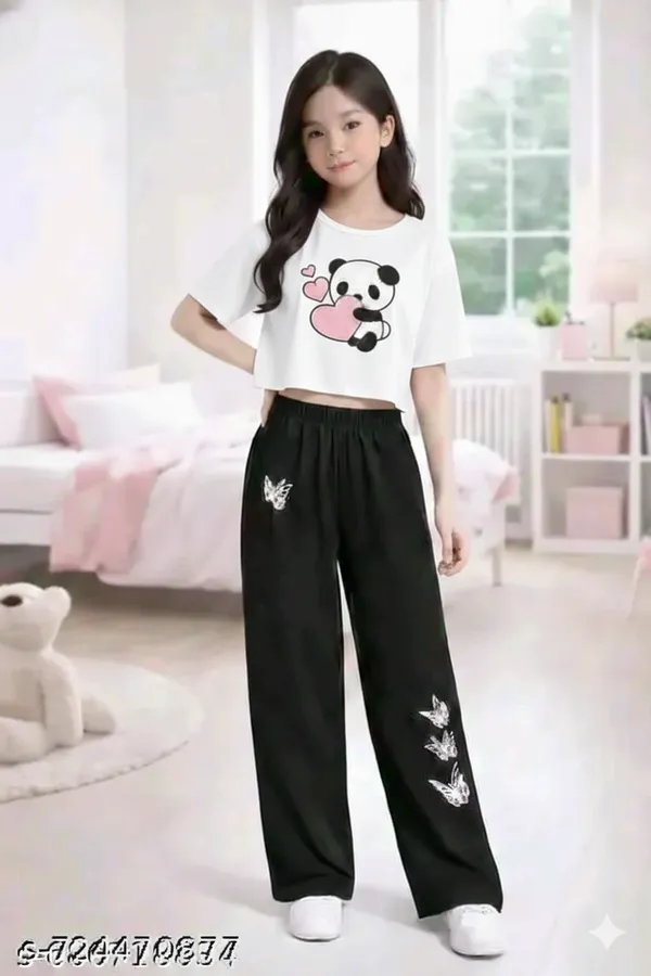 White_Printed_Crop_Top_And_Black_Wide_Leg_Pants_Set_For_Girls