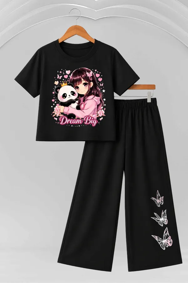 Black_Graphic_Print_T_Shirt_And_Wide_Leg_Pant_Set_For_Girls
