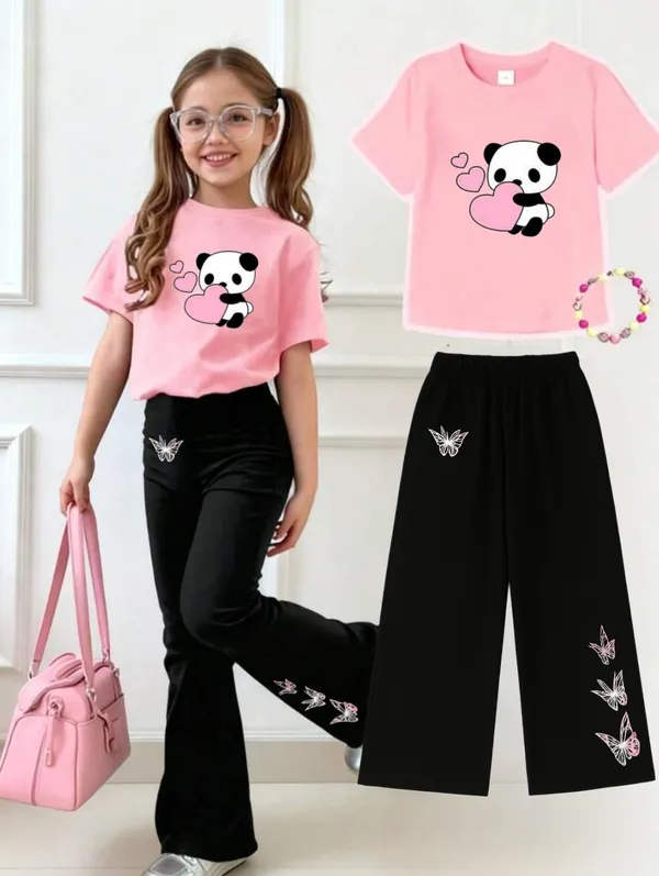 Pink_Panda_Print_T-Shirt_And_Black_Flared_Pants_Set_for_Girls