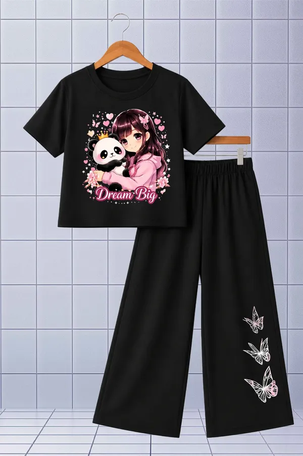 White_And_Black_Printed_T-Shirt_And_Wide_Leg_Pants_Set_for_girl