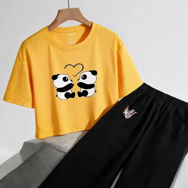 Yellow_Cotton_Relaxed_Fit_Graphic_Crop_Top_Black_Wide_Leg_Pants_Set_For_Girls