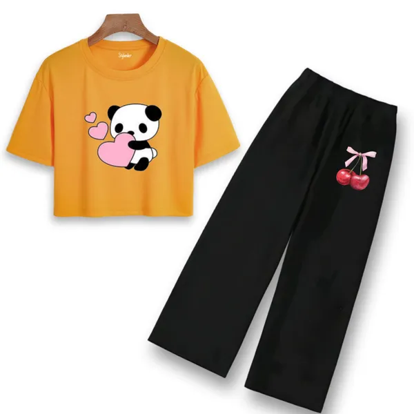 Orange_Printed_T-Shirt_And_Black_Flared_Pants_Set_for_Girls