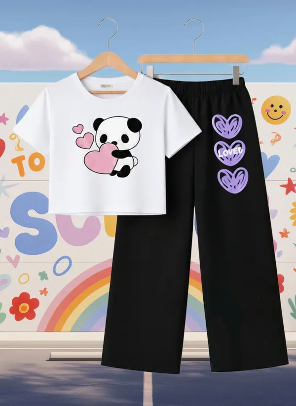 Lavender_Graphic_T-Shirt_And_Black_Pants_Set_For_Girls