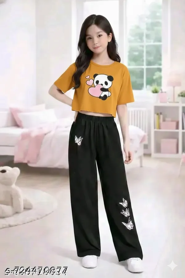 Mustard_Printed_Crop_Top_And_Black_Wide_Leg_Pants_Set_for_Girls