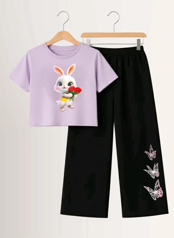 Lavender_Printed_T-Shirt_And_Black_Pants_Set_For_Girls