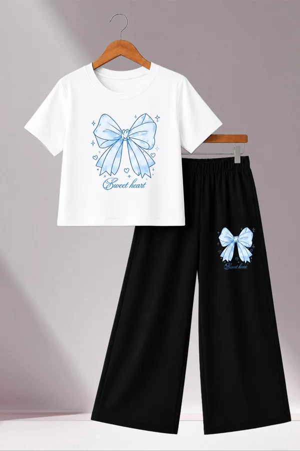 White_And_Black_Bow_Print_Top_And_Wide_Leg_Pants_Set_for_Girls