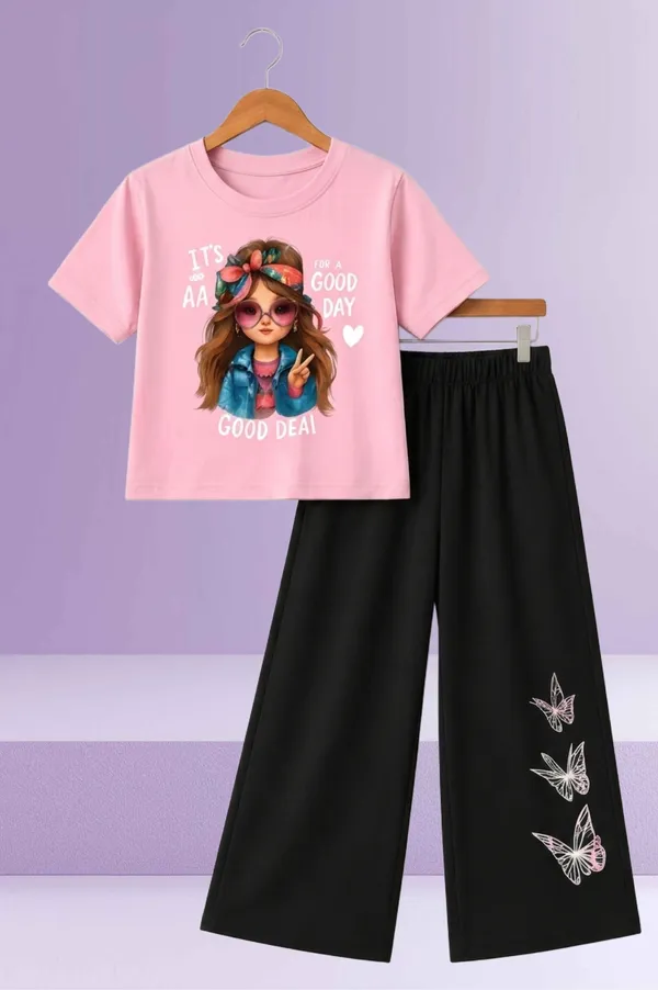 White_And_Black_Printed_T-Shirt_And_Wide_Leg_Pants_Set_for_girl