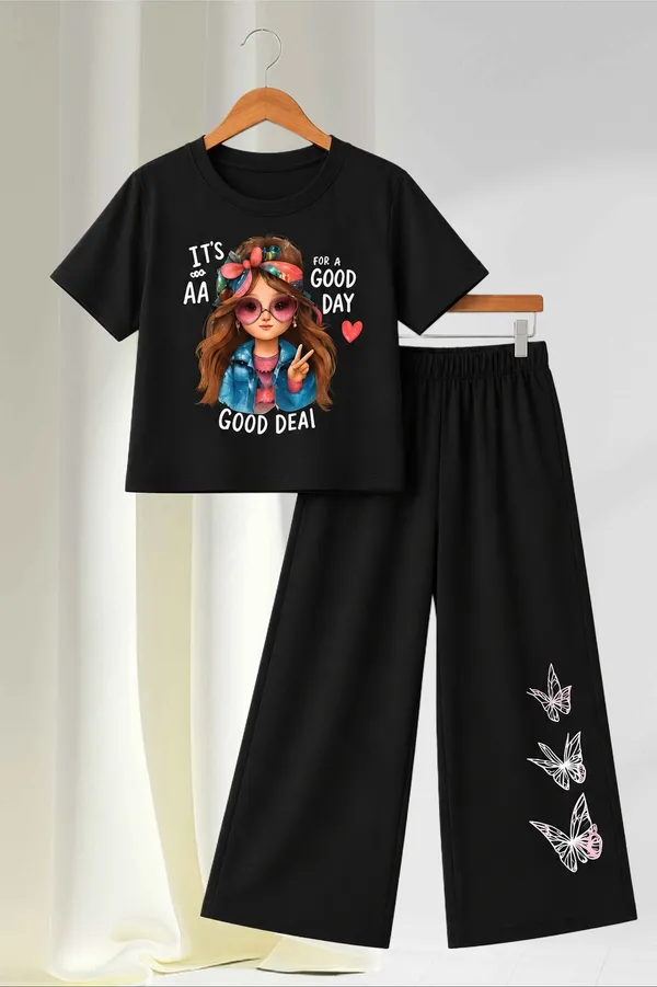 White_And_Black_Printed_T-Shirt_And_Wide_Leg_Pants_Set_for_girl