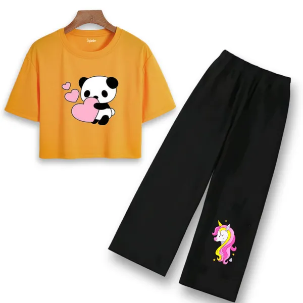 Orange_Printed_T-Shirt_And_Black_Flared_Pants_Set_for_Girls