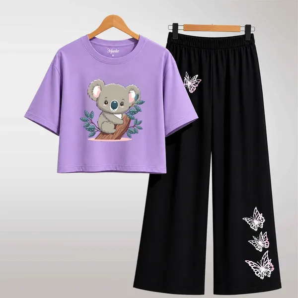 Purple_Koala_Print_Crop_Top_And_Black_Pants_Set_For_Girls