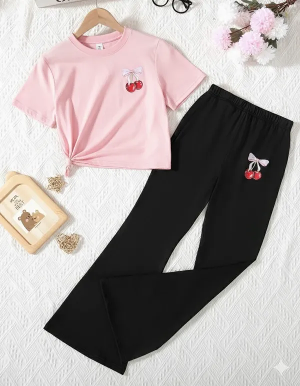 Pink_Casual_T-Shirt_And_Black_Flared_Pants_Set_For_Girls