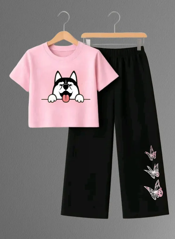 Pink_Printed_T-Shirt_And_Black_Pants_Set_For_Girls