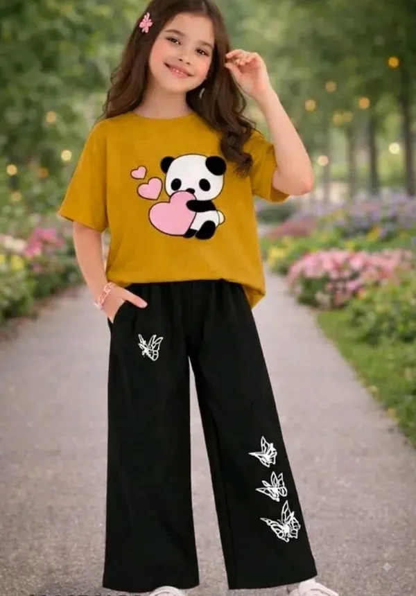 Mustard_Graphic_T_Shirt_And_Black_Wide_Leg_Pants_Set_for_Girls
