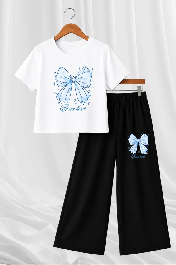 White_And_Black_Bow_Print_Top_And_Wide_Leg_Pants_Set_for_Girls