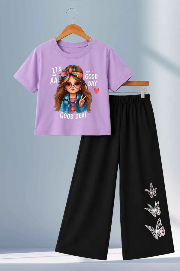 White_And_Black_Printed_T-Shirt_And_Wide_Leg_Pants_Set_for_girl