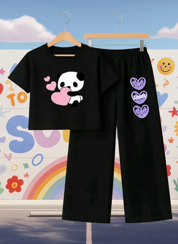 Lavender_Graphic_T-Shirt_And_Black_Pants_Set_For_Girls