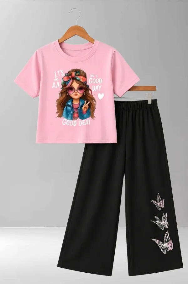 White_And_Black_Printed_T-Shirt_And_Wide_Leg_Pants_Set_for_girl