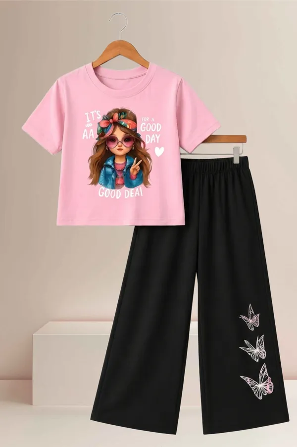 White_And_Black_Printed_T-Shirt_And_Wide_Leg_Pants_Set_for_girl