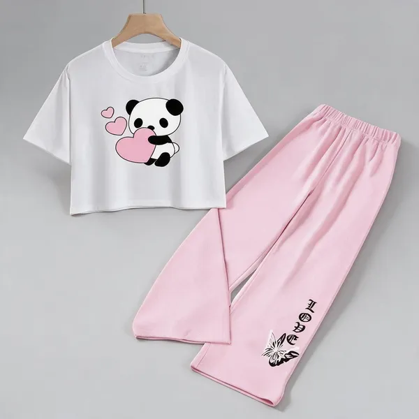 White_Cotton_Graphic_Crop_Top_And_Pink_Wide-Leg_Pants_Co-Ord_Set_For_Girls
