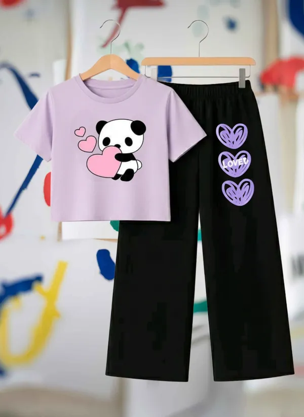 Lavender_Graphic_T-Shirt_And_Black_Pants_Set_For_Girls