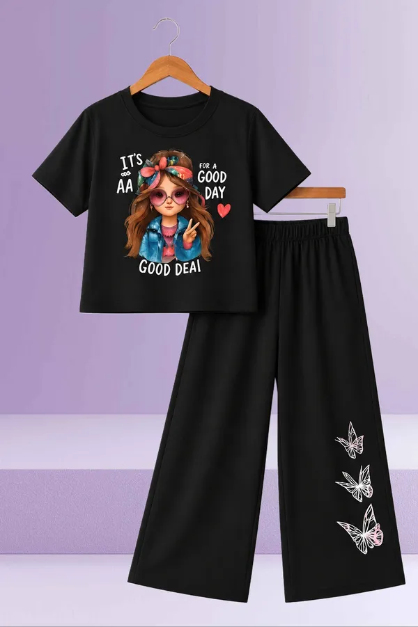 White_And_Black_Printed_T-Shirt_And_Wide_Leg_Pants_Set_for_girl