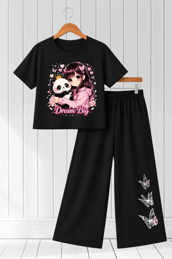 Black_Graphic_Print_T_Shirt_And_Wide_Leg_Pant_Set_For_Girls