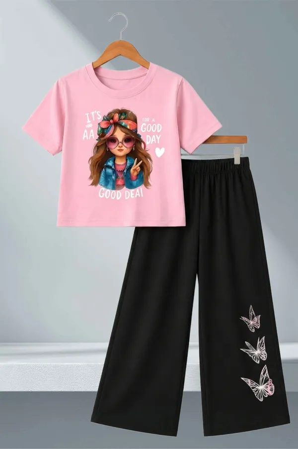 White_And_Black_Printed_T-Shirt_And_Wide_Leg_Pants_Set_for_girl
