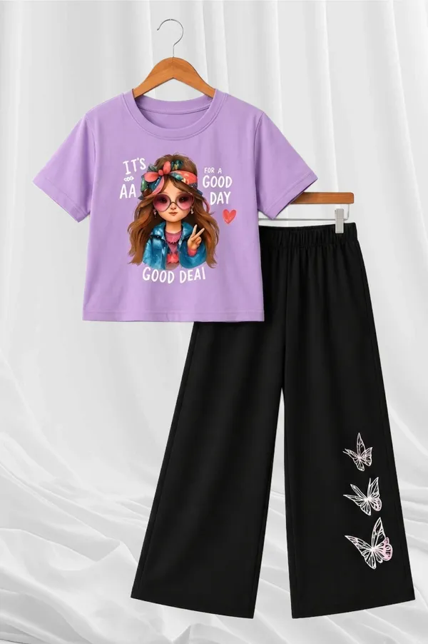 White_And_Black_Printed_T-Shirt_And_Wide_Leg_Pants_Set_for_girl