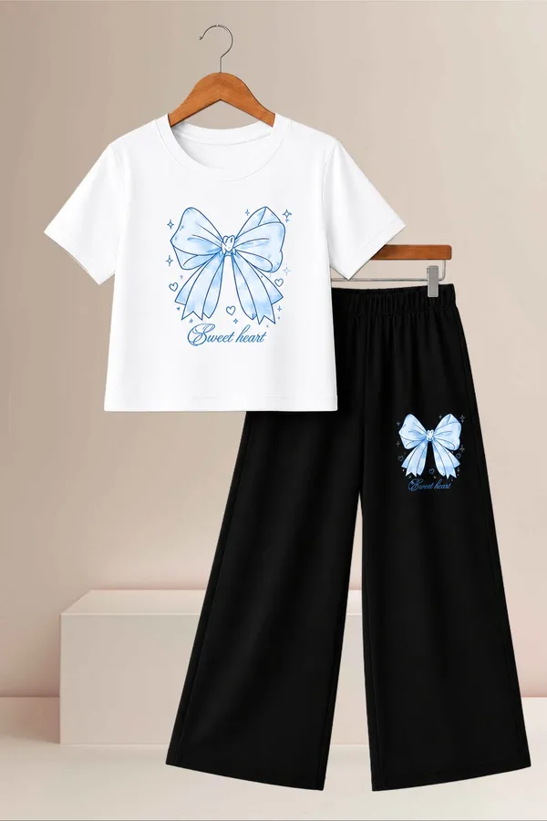 White_And_Black_Bow_Print_Top_And_Wide_Leg_Pants_Set_for_Girls