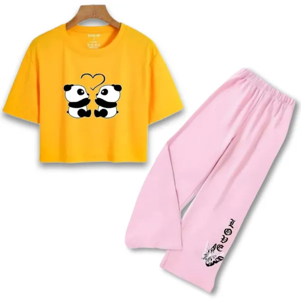 Yellow_Graphic_Crop_T-Shirt_And_Pink_Wide-Leg_Pants_Set_For_Girls