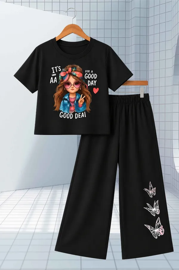 White_And_Black_Printed_T-Shirt_And_Wide_Leg_Pants_Set_for_girl