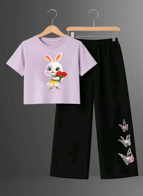 Lavender_Printed_T-Shirt_And_Black_Pants_Set_For_Girls