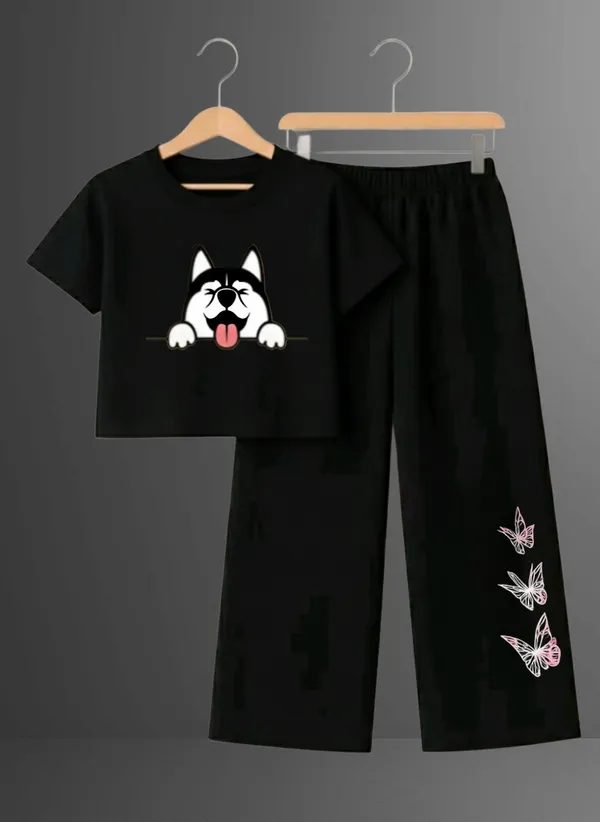 Pink_Printed_T-Shirt_And_Black_Pants_Set_For_Girls