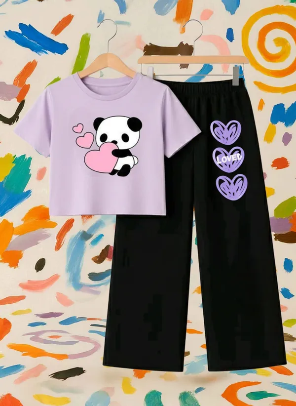 Lavender_Graphic_T-Shirt_And_Black_Pants_Set_For_Girls