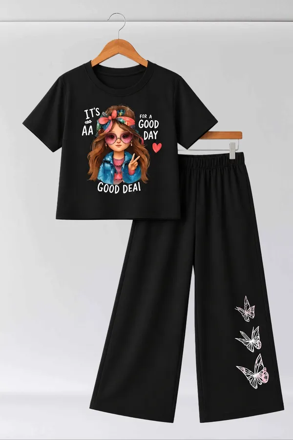 White_And_Black_Printed_T-Shirt_And_Wide_Leg_Pants_Set_for_girl