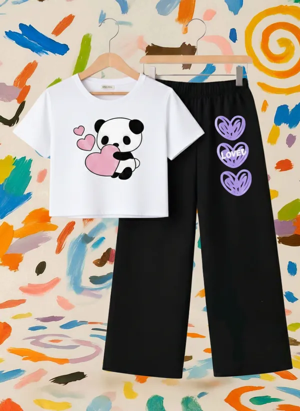 Lavender_Graphic_T-Shirt_And_Black_Pants_Set_For_Girls