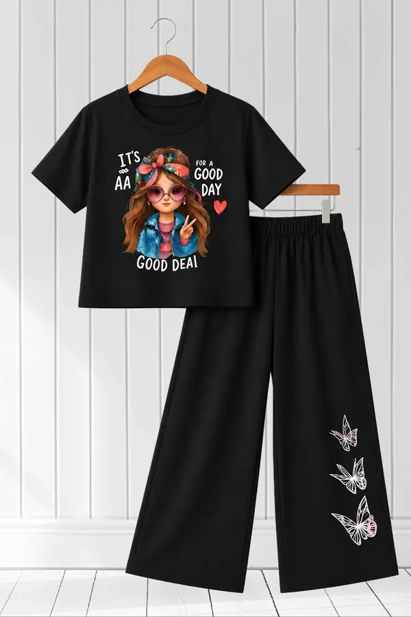 White_And_Black_Printed_T-Shirt_And_Wide_Leg_Pants_Set_for_girl