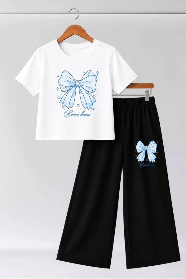 White_And_Black_Bow_Print_Top_And_Wide_Leg_Pants_Set_for_Girls
