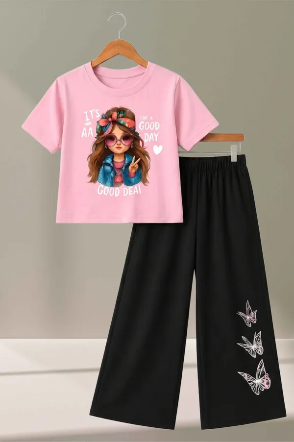 White_And_Black_Printed_T-Shirt_And_Wide_Leg_Pants_Set_for_girl