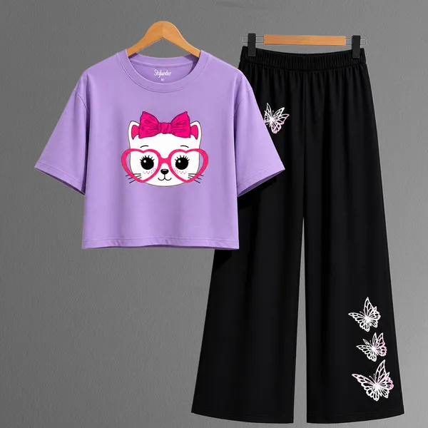 Purple_Printed_T_Shirt_And_Wide_Leg_Pants_Set_For_Girls