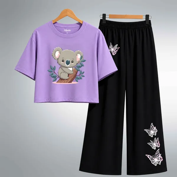 Purple_Koala_Print_Crop_Top_And_Black_Pants_Set_For_Girls